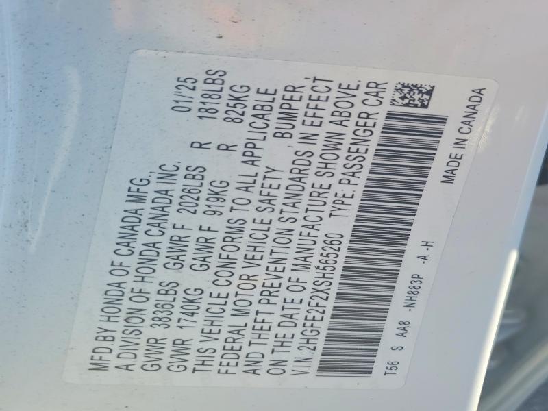 78836945 :رقم المزاد ، 2HGFE2F2XSH565260 vin ، 2025 Honda Civic مزاد بيع