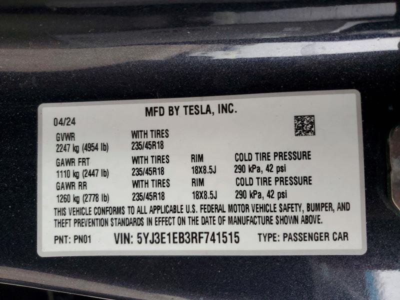 2024 Tesla Model 3 მანქანა იყიდება აუქციონზე, vin: 5YJ3E1EB3RF741515, აუქციონის ნომერი: 76669245