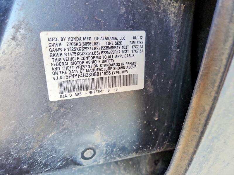 2013 Honda Pilot მანქანა იყიდება აუქციონზე, vin: 5FNYF4H23DB011855, აუქციონის ნომერი: 75516655