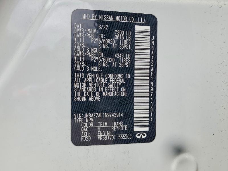 Продаж на аукціоні авто 2022 Infiniti Qx80, vin: JN8AZ2AF1N9743914, номер лоту: 76912385