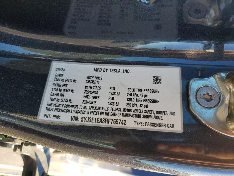 Продажа на аукционе авто 2024 Tesla Model 3, vin: 5YJ3E1EA3RF765742, номер лота: 78183725