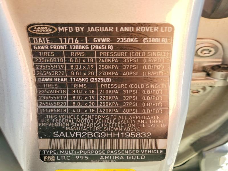 Aukcja sprzedaży 2017 Land Rover Range Rover Evoque, vin: SALVR2BG9HH195832, numer aukcji: 79311795
