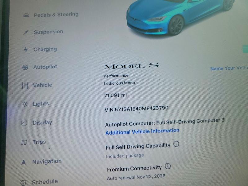 Продажа на аукционе авто 2021 Tesla Model S, vin: 5YJSA1E40MF423790, номер лота: 78057145