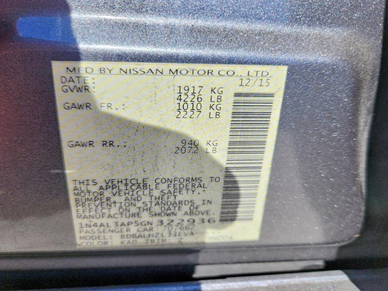 2016 Nissan Altima მანქანა იყიდება აუქციონზე, vin: 1N4AL3AP5GN322936, აუქციონის ნომერი: 76015735