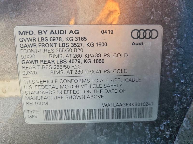 78496495 :رقم المزاد ، WA1LAAGE4KB010243 vin ، 2019 Audi E-tron مزاد بيع
