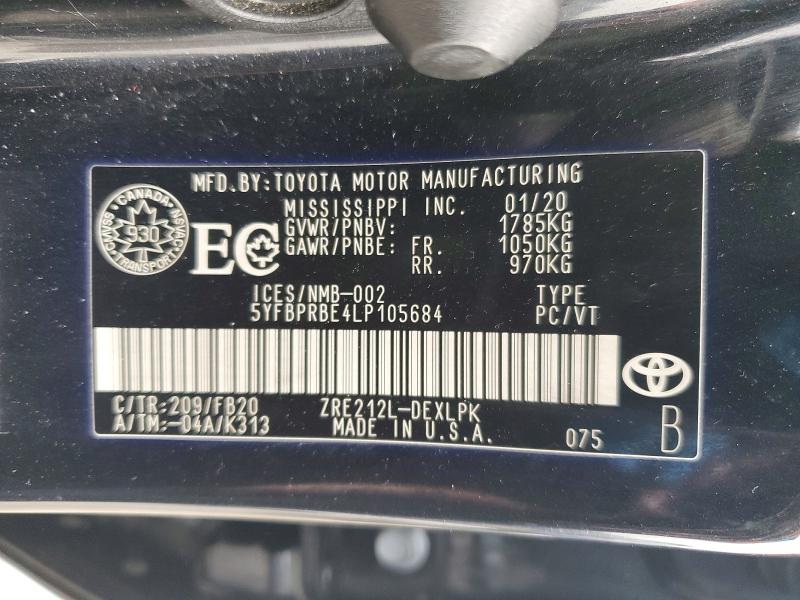 Aukcja sprzedaży 2020 Toyota Corolla, vin: 5YFBPRBE4LP105684, numer aukcji: 76738305