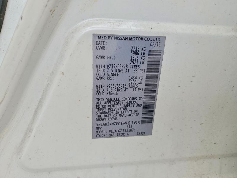 2015 Nissan Pathfinder მანქანა იყიდება აუქციონზე, vin: 5N1AR2MN7FC646165, აუქციონის ნომერი: 75161495