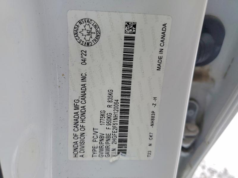2022 Honda Civic მანქანა იყიდება აუქციონზე, vin: 2HGFE2F51NH120064, აუქციონის ნომერი: 78850385