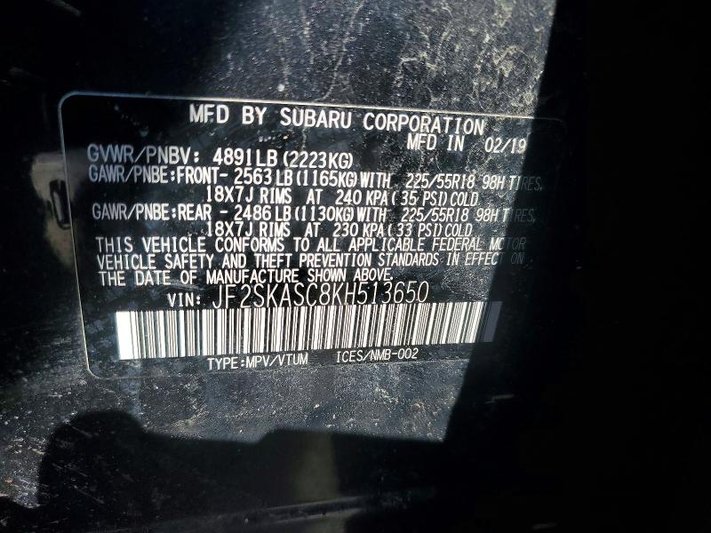 Продаж на аукціоні авто 2019 Subaru Forester, vin: JF2SKASC8KH513650, номер лоту: 78736045