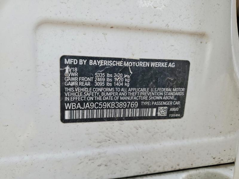 2019 Bmw 530e მანქანა იყიდება აუქციონზე, vin: WBAJA9C59KB389769, აუქციონის ნომერი: 76389925