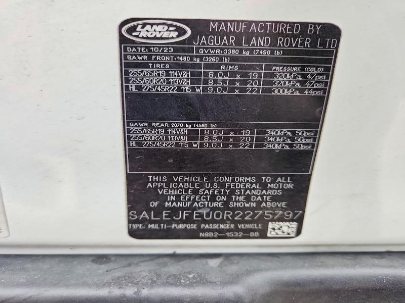 2024 Land Rover Defender მანქანა იყიდება აუქციონზე, vin: SALEJFEU0R2275797, აუქციონის ნომერი: 75954545