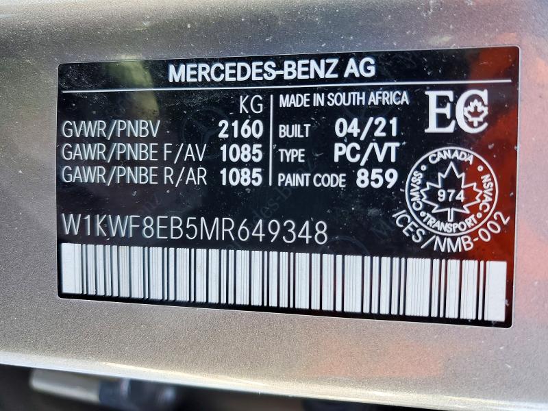75747375 :رقم المزاد ، W1KWF8EB5MR649348 vin ، 2021 Mercedes-benz C مزاد بيع