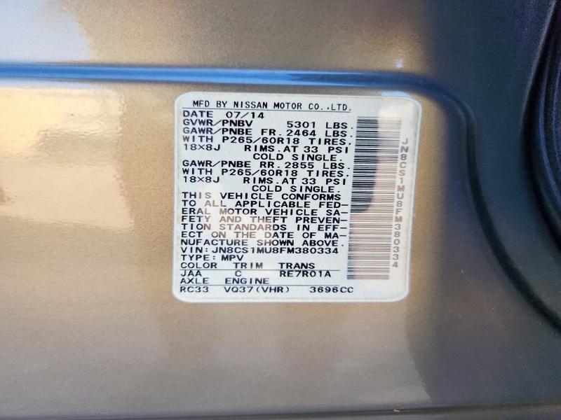 Aukcja sprzedaży 2015 Infiniti Qx70, vin: JN8CS1MU8FM380334, numer aukcji: 78239645