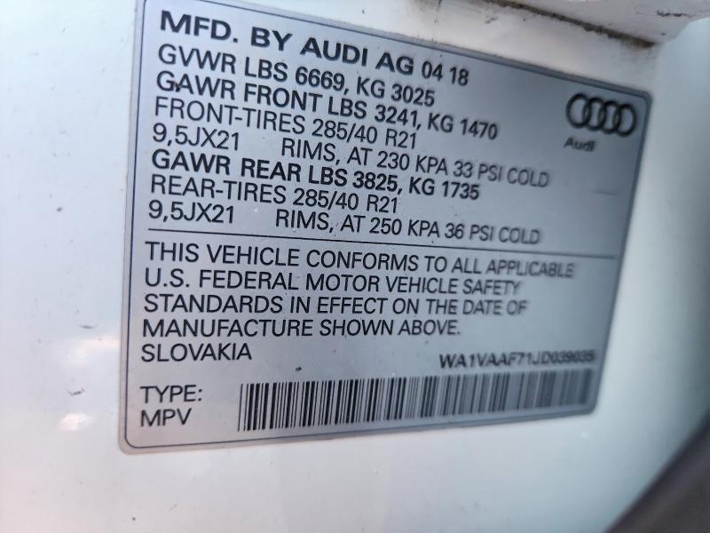 Auction sale of the 2018 Audi Q7, vin: WA1VAAF71JD039035, lot number: 74491205