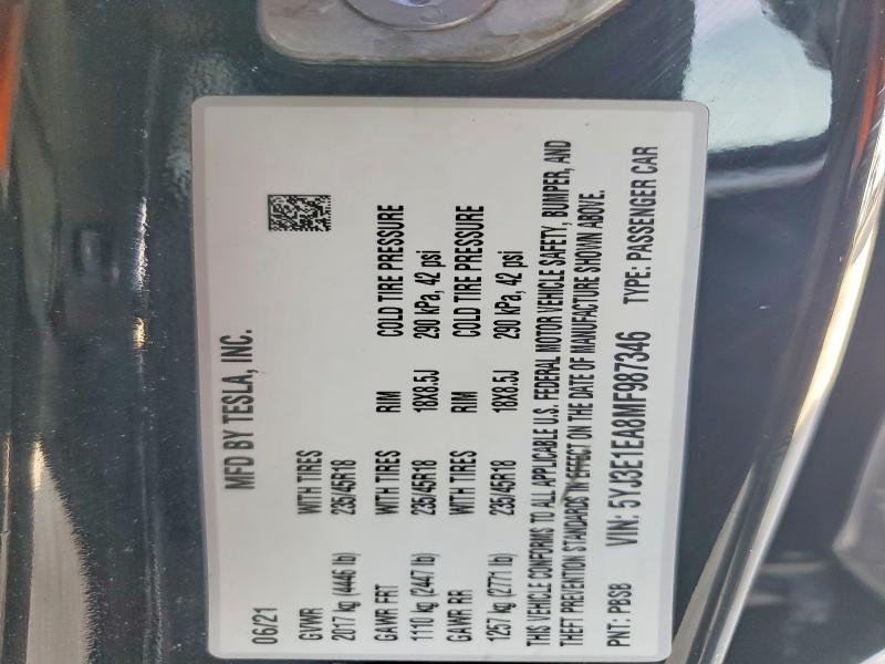 Продажа на аукционе авто 2021 Tesla Model 3, vin: 5YJ3E1EA8MF987346, номер лота: 77178435