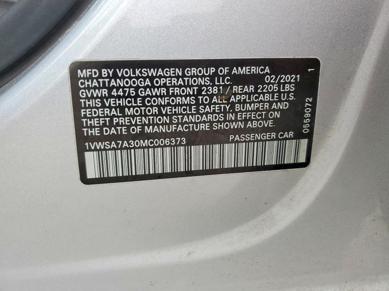 2021 Volkswagen Passat მანქანა იყიდება აუქციონზე, vin: 1VWSA7A30MC006373, აუქციონის ნომერი: 78152985