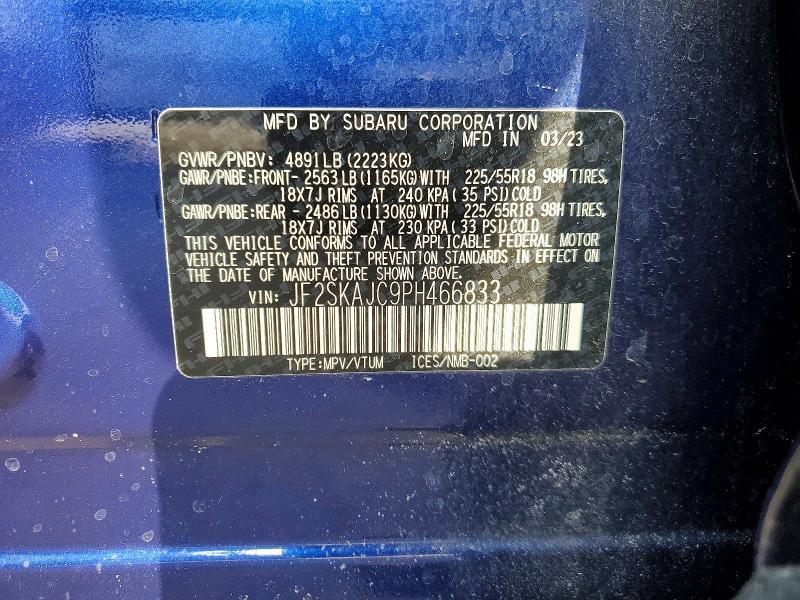 2023 Subaru Forester მანქანა იყიდება აუქციონზე, vin: JF2SKAJC9PH466833, აუქციონის ნომერი: 74956485