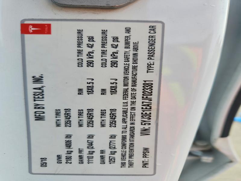 2018 Tesla Model 3 მანქანა იყიდება აუქციონზე, vin: 5YJ3E1EA7JF023381, აუქციონის ნომერი: 78156125