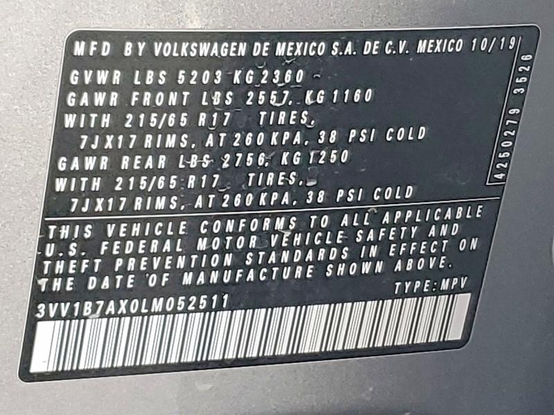 78667715 :رقم المزاد ، 3VV1B7AX0LM052511 vin ، 2020 Volkswagen Tiguan مزاد بيع