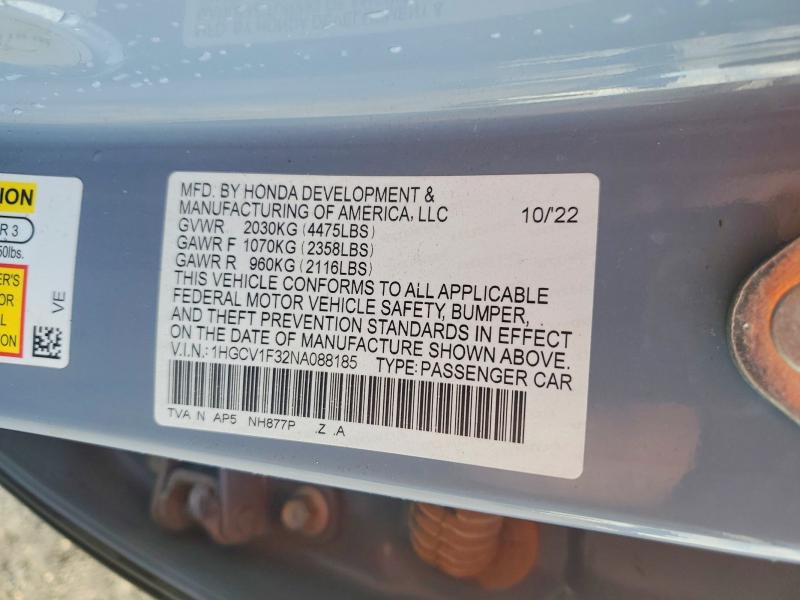 Aukcja sprzedaży 2022 Honda Accord, vin: 1HGCV1F32NA088185, numer aukcji: 74410815