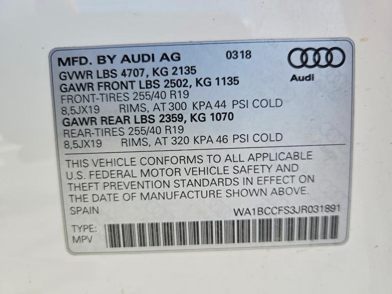 Aukcja sprzedaży 2018 Audi Q3, vin: WA1BCCFS3JR031891, numer aukcji: 75409455