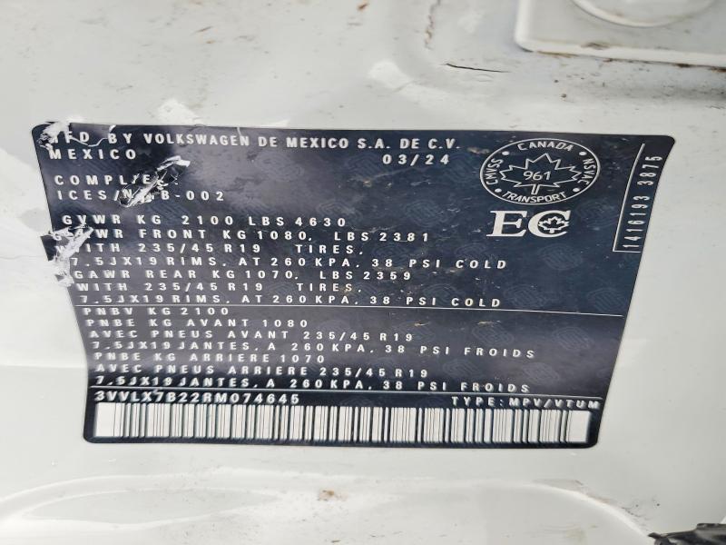 Aukcja sprzedaży 2024 Volkswagen Taos, vin: 3VVLX7B22RM074645, numer aukcji: 76438255