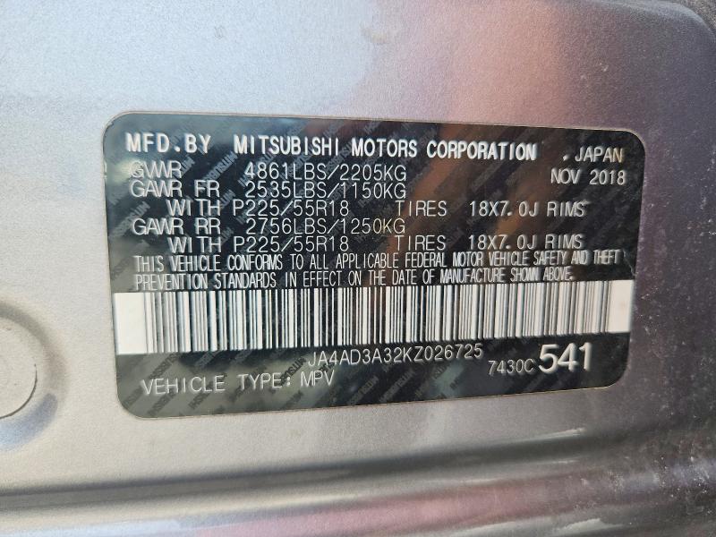 Продаж на аукціоні авто 2019 Mitsubishi Outlander, vin: JA4AD3A32KZ026725, номер лоту: 76827015