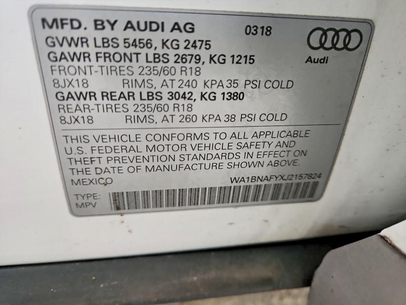 2018 Audi Q5 მანქანა იყიდება აუქციონზე, vin: WA1BNAFYXJ2157824, აუქციონის ნომერი: 78598215