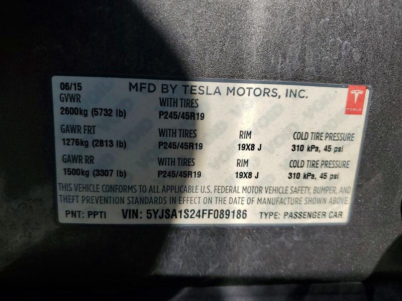 2015 Tesla Model S მანქანა იყიდება აუქციონზე, vin: 5YJSA1S24FF089186, აუქციონის ნომერი: 77476065