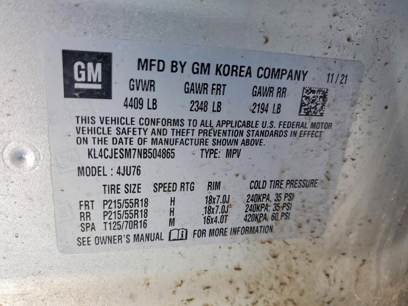 78660265 :رقم المزاد ، KL4CJESM7NB504865 vin ، 2022 Buick Encore مزاد بيع