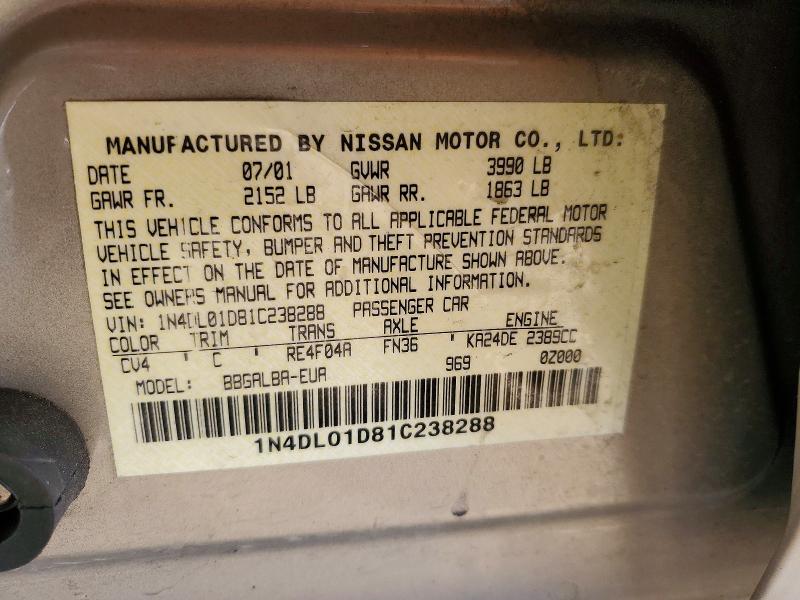 Продаж на аукціоні авто 2001 Nissan Altima, vin: 1N4DL01D81C238288, номер лоту: 77574105