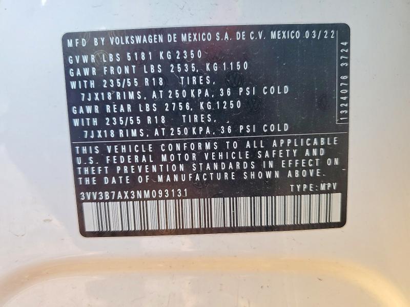 Продаж на аукціоні авто 2022 Volkswagen Tiguan, vin: 3VV3B7AX3NM093131, номер лоту: 79405425