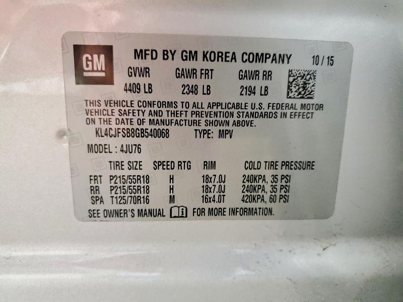 2016 Buick Encore მანქანა იყიდება აუქციონზე, vin: KL4CJFSB8GB540068, აუქციონის ნომერი: 75852275