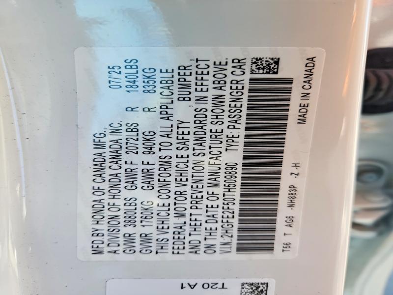 Продажа на аукционе авто 2026 Honda Civic, vin: 2HGFE2F50TH509890, номер лота: 77230755