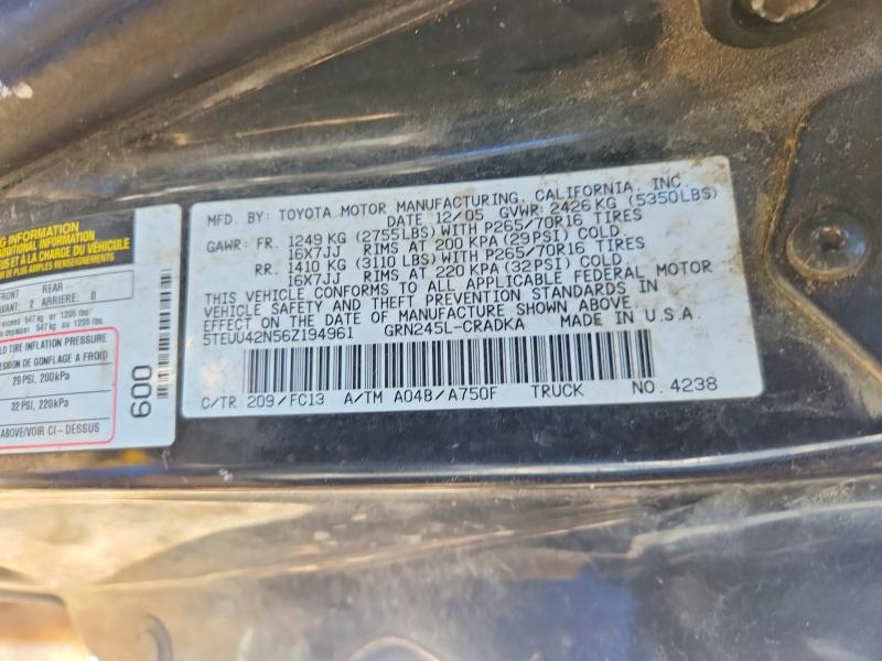 2006 Toyota Tacoma მანქანა იყიდება აუქციონზე, vin: 5TEUU42N56Z194961, აუქციონის ნომერი: 79008985