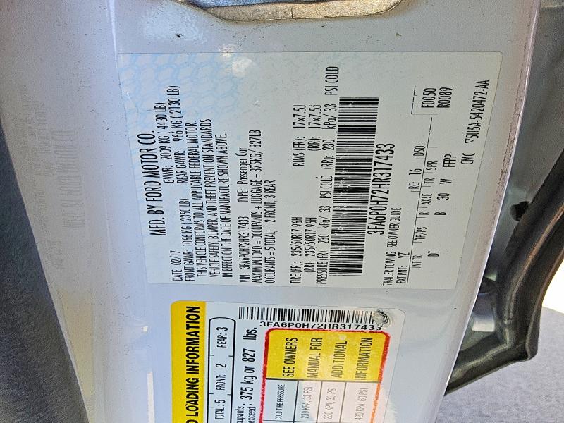 2017 Ford Fusion მანქანა იყიდება აუქციონზე, vin: 3FA6P0H72HR317433, აუქციონის ნომერი: 93321785