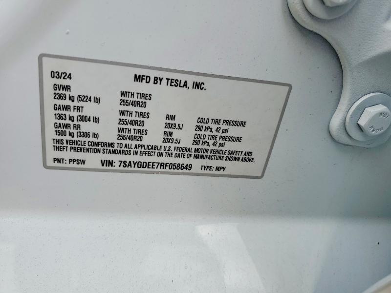 2024 Tesla Model Y მანქანა იყიდება აუქციონზე, vin: 7SAYGDEE7RF058649, აუქციონის ნომერი: 77232855