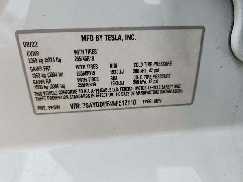 2022 Tesla Model Y მანქანა იყიდება აუქციონზე, vin: 7SAYGDEE4NF512110, აუქციონის ნომერი: 76696335