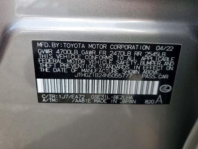 Aukcja sprzedaży 2022 Lexus Is, vin: JTHGZ1B24N5055777, numer aukcji: 77163515
