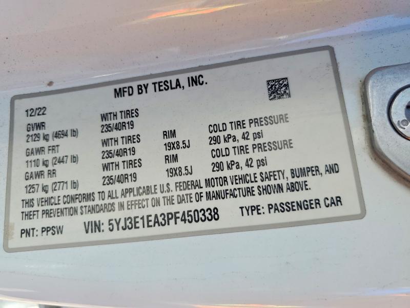 2023 Tesla Model 3 მანქანა იყიდება აუქციონზე, vin: 5YJ3E1EA3PF450338, აუქციონის ნომერი: 77388855