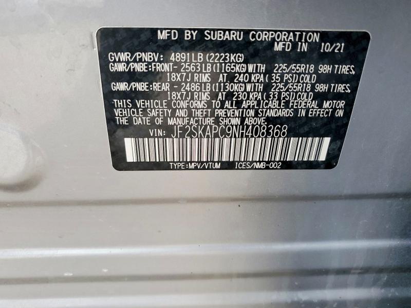 Aukcja sprzedaży 2022 Subaru Forester, vin: JF2SKAPC9NH408368, numer aukcji: 77597165