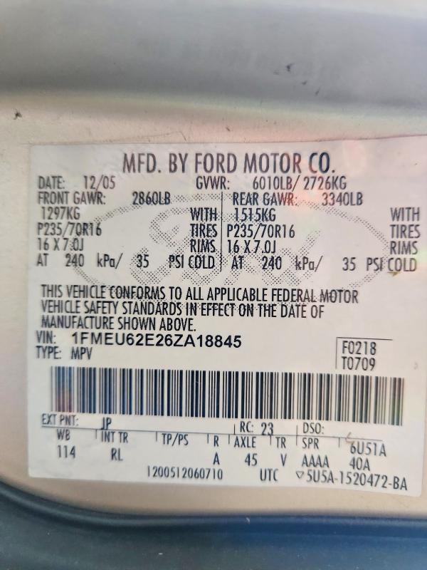 72375705 :رقم المزاد ، 1FMEU62E26ZA18845 vin ، 2006 Ford Explorer مزاد بيع