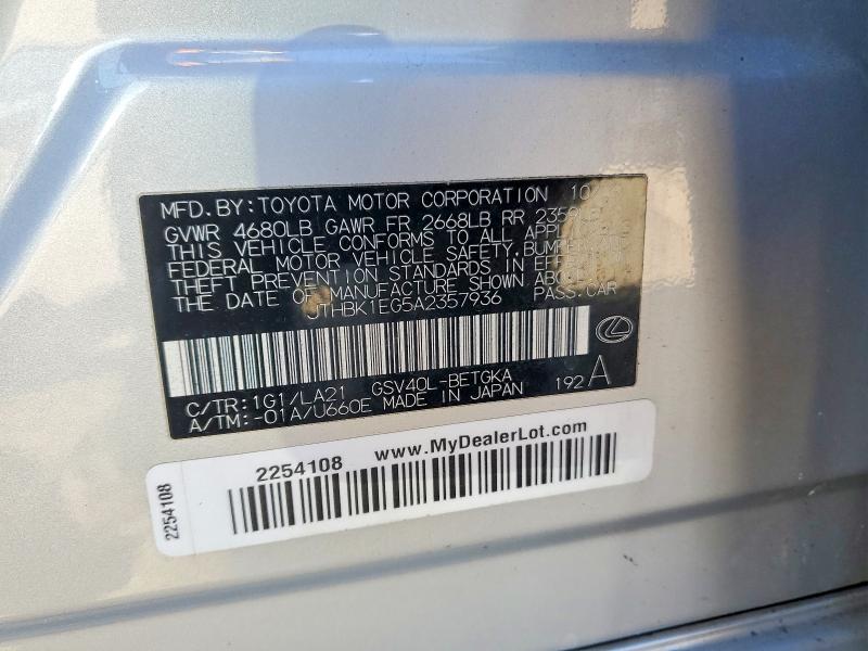 78801925 :رقم المزاد ، JTHBK1EG5A2357936 vin ، 2010 Lexus Es 350 مزاد بيع