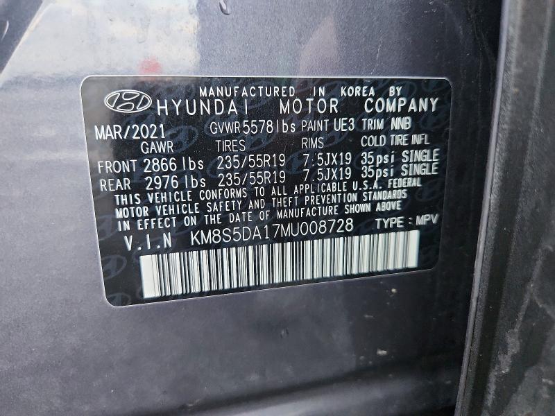 2021 Hyundai Santa Fe Hybrid მანქანა იყიდება აუქციონზე, vin: KM8S5DA17MU008728, აუქციონის ნომერი: 78772665