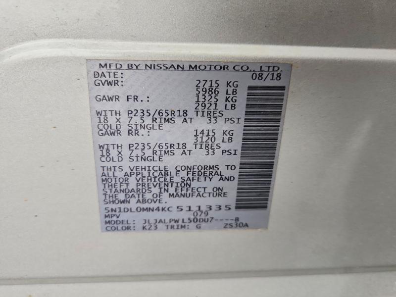 75570435 :رقم المزاد ، 5N1DL0MN4KC511335 vin ، 2019 Infiniti Qx60 Luxe مزاد بيع