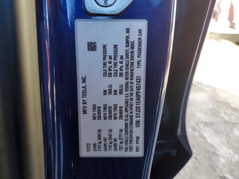 2023 Tesla Model 3 მანქანა იყიდება აუქციონზე, vin: 5YJ3E1EA6PF457431, აუქციონის ნომერი: 76115955