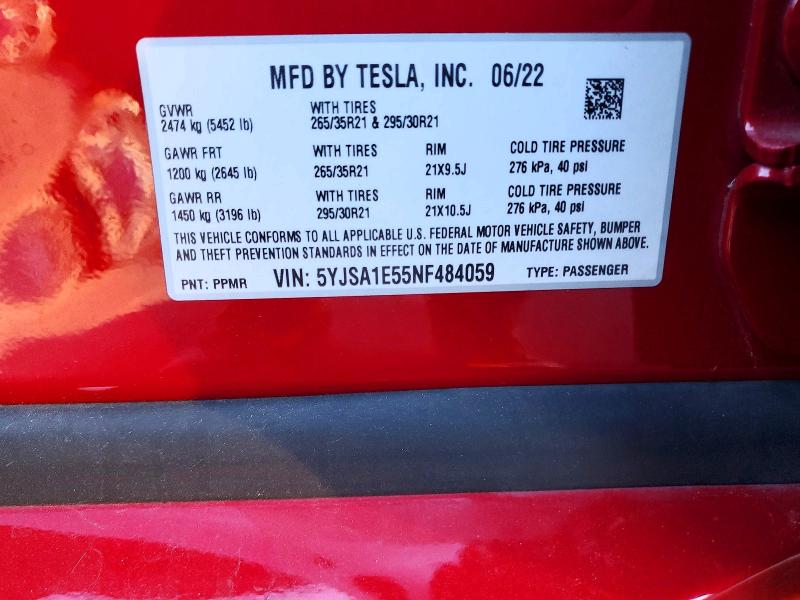 78342965 :رقم المزاد ، 5YJSA1E55NF484059 vin ، 2022 Tesla Model S مزاد بيع