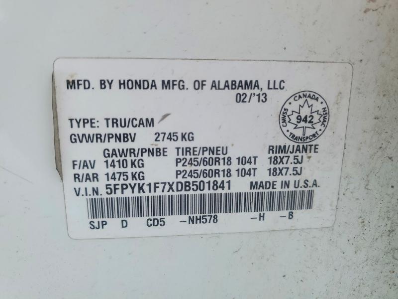 Aukcja sprzedaży 2013 Honda Ridgeline, vin: 5FPYK1F7XDB501841, numer aukcji: 76143045
