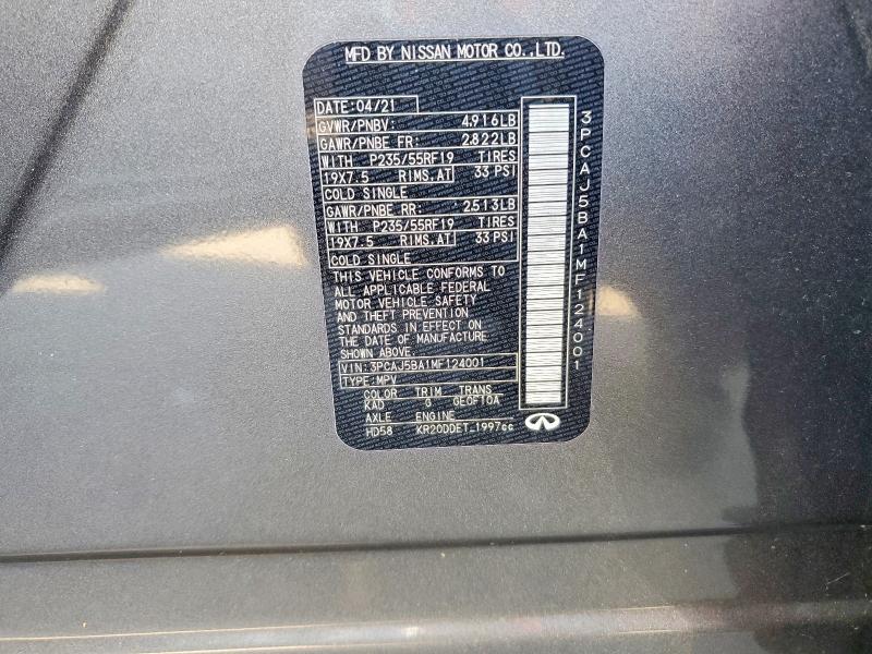 48569816 :رقم المزاد ، 3PCAJ5BA1MF124001 vin ، 2021 Infiniti Qx50 مزاد بيع