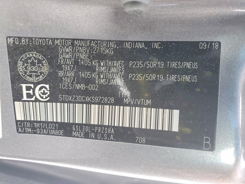 74651555 :رقم المزاد ، 5TDXZ3DCXKS972828 vin ، 2019 Toyota Sienna مزاد بيع